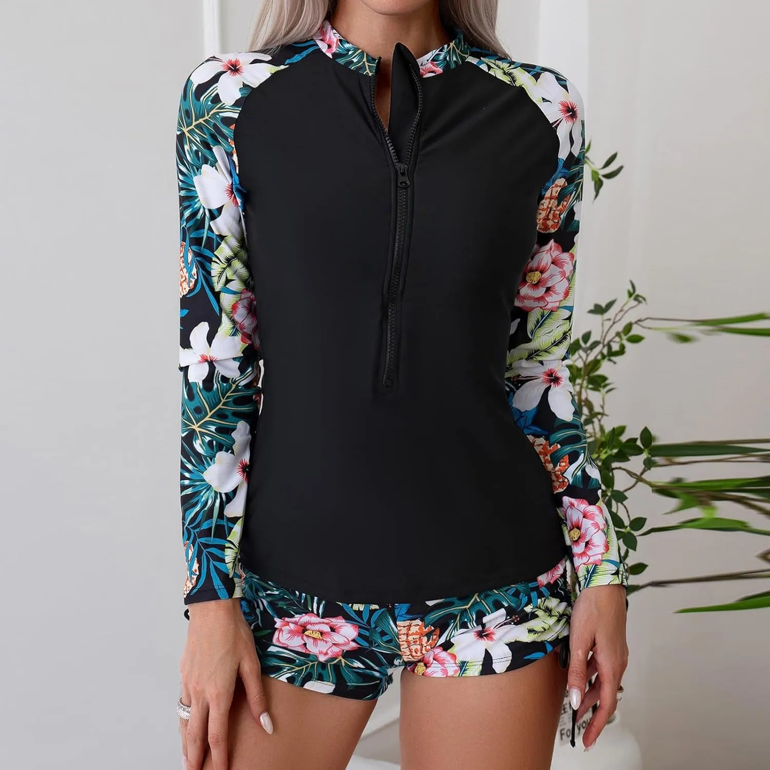 Women Two Piece Rash Guard Long Sleeve Swimwear UV UPF 50  Bathing Suit Tropical Print Swim Shirt with Boyshort Bottom