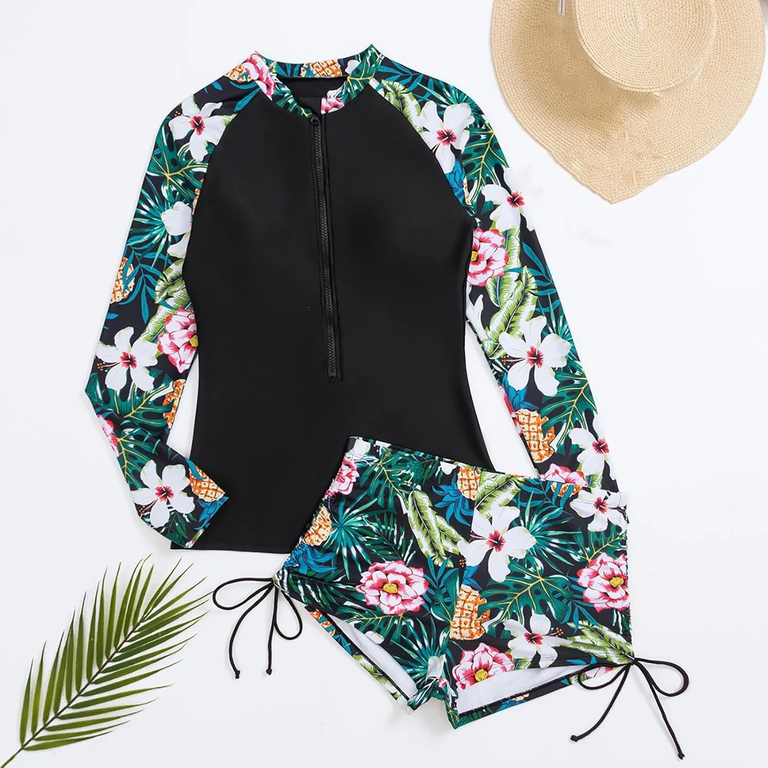 Women Two Piece Rash Guard Long Sleeve Swimwear UV UPF 50  Bathing Suit Tropical Print Swim Shirt with Boyshort Bottom