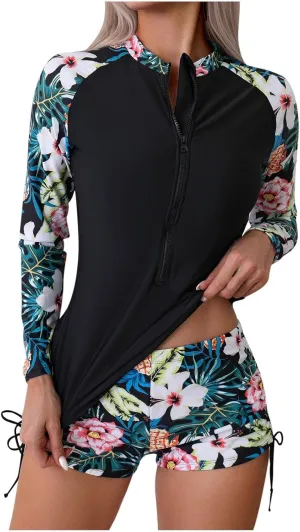 Women Two Piece Rash Guard Long Sleeve Swimwear UV UPF 50  Bathing Suit Tropical Print Swim Shirt with Boyshort Bottom
