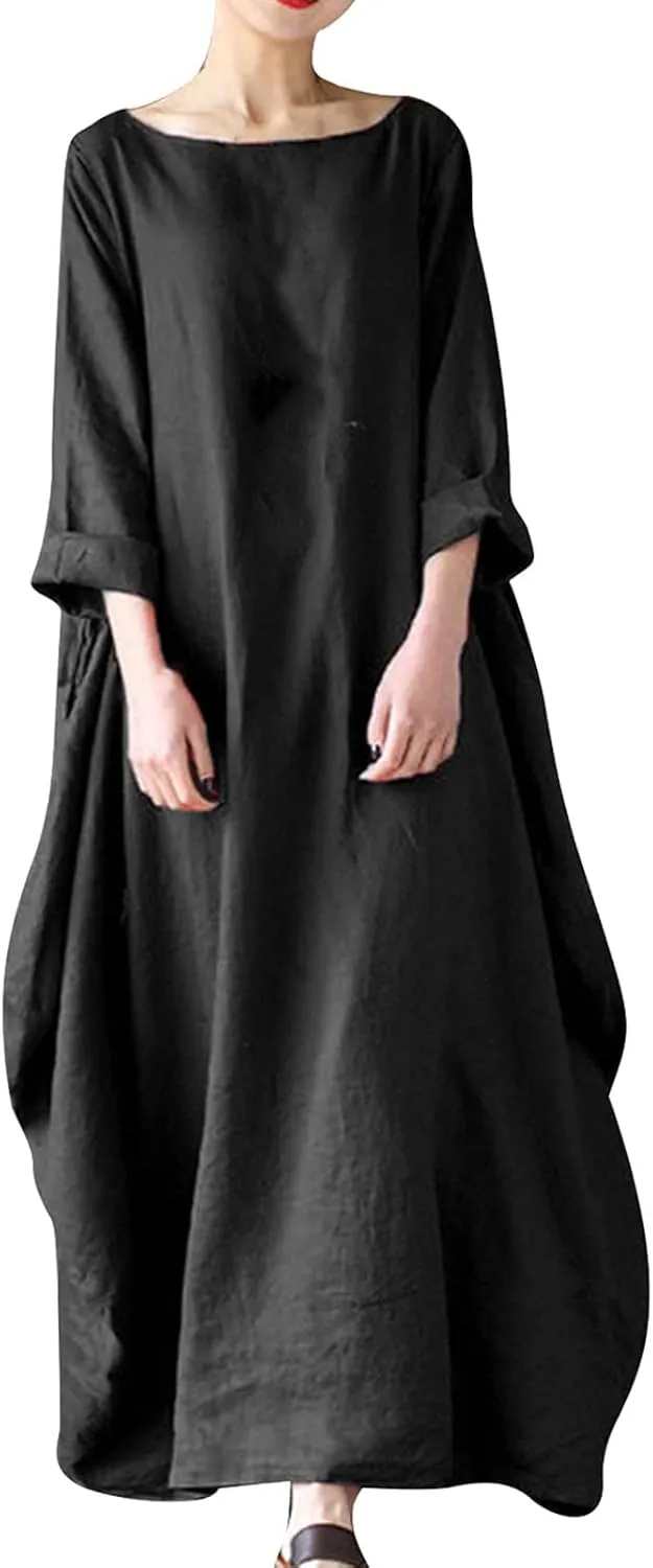 Womens Cotton Linen Maxi Dresses Oversized Loose Fit Long Sleeve Caftan Long Dress Summer Casual Solid Kaftan Dress