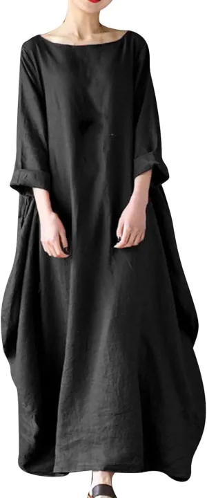 Womens Cotton Linen Maxi Dresses Oversized Loose Fit Long Sleeve Caftan Long Dress Summer Casual Solid Kaftan Dress