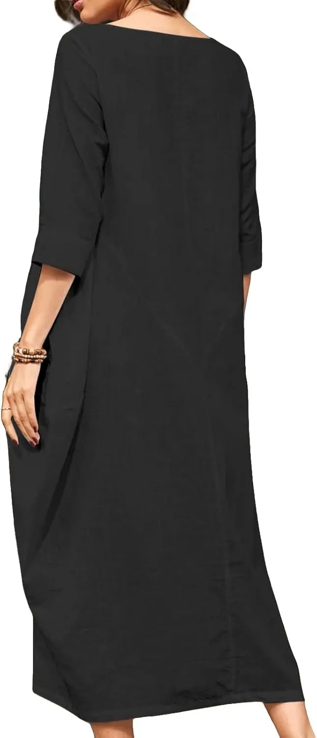 Womens Cotton Linen Maxi Dresses Oversized Loose Fit Long Sleeve Caftan Long Dress Summer Casual Solid Kaftan Dress