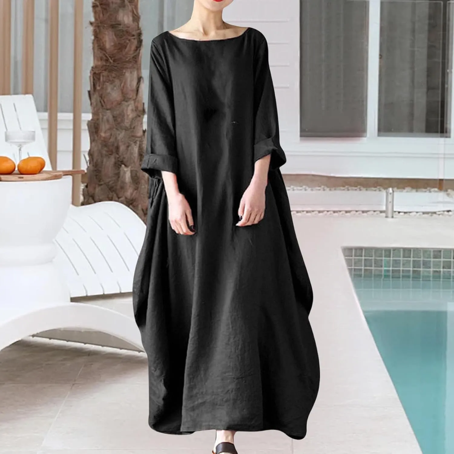 Womens Cotton Linen Maxi Dresses Oversized Loose Fit Long Sleeve Caftan Long Dress Summer Casual Solid Kaftan Dress