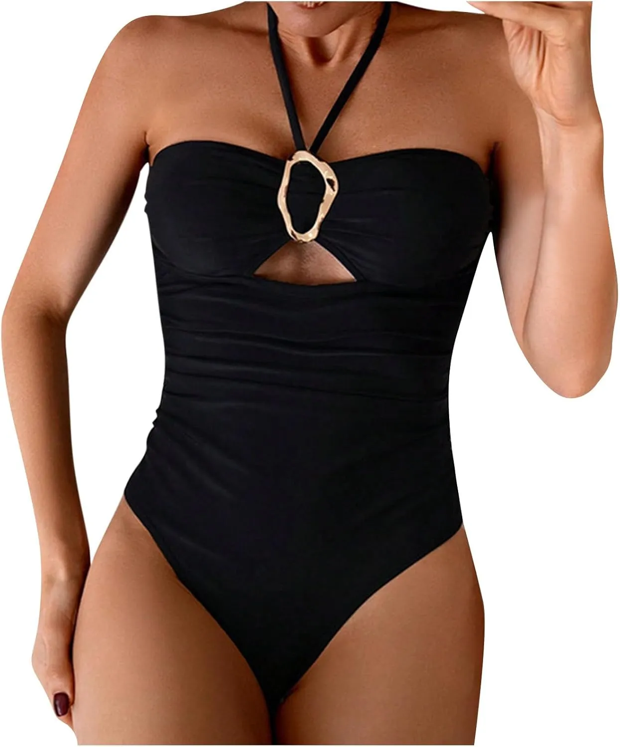 Women's Cut Out Halter One Piece Swimsuit Metal Ring Keyhole Bathing Suit Tummy Control Slimming Backless Swimwear