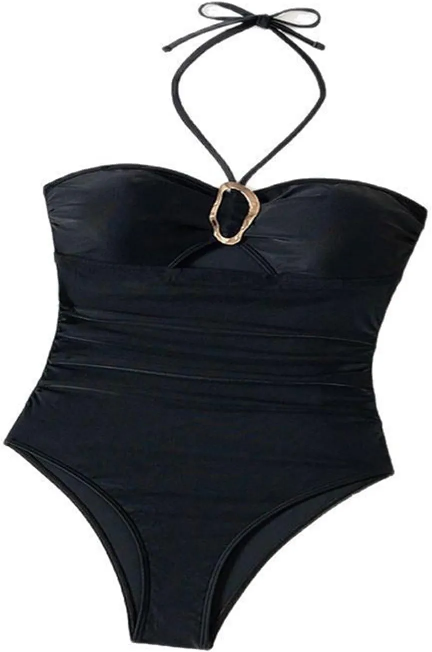 Women's Cut Out Halter One Piece Swimsuit Metal Ring Keyhole Bathing Suit Tummy Control Slimming Backless Swimwear