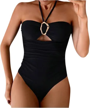 Women's Cut Out Halter One Piece Swimsuit Metal Ring Keyhole Bathing Suit Tummy Control Slimming Backless Swimwear