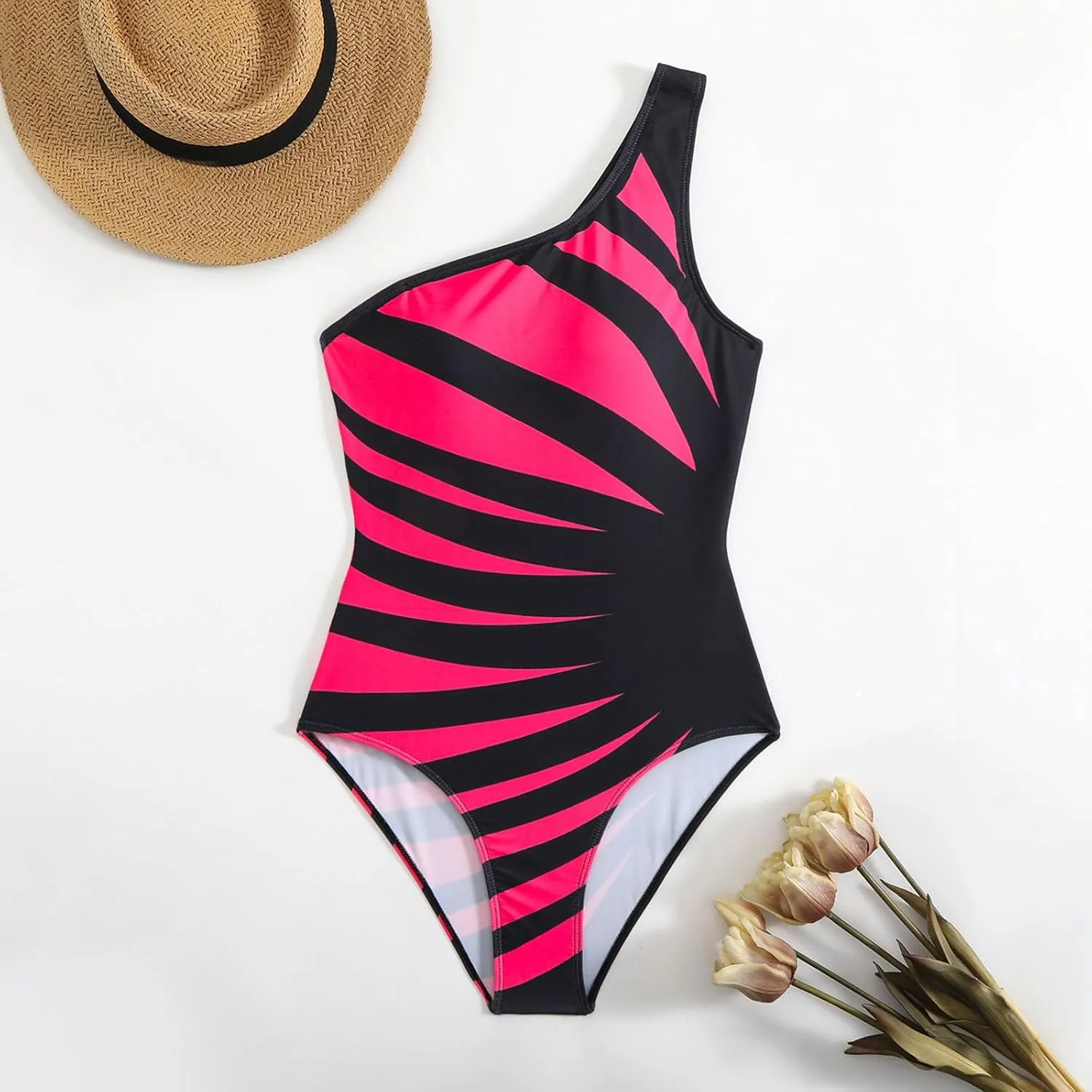 Women's One Piece Swimsuit Fashion Striped One Shoulder Tummy Control Slimming Bathing Suit Summer Beach Swimwear