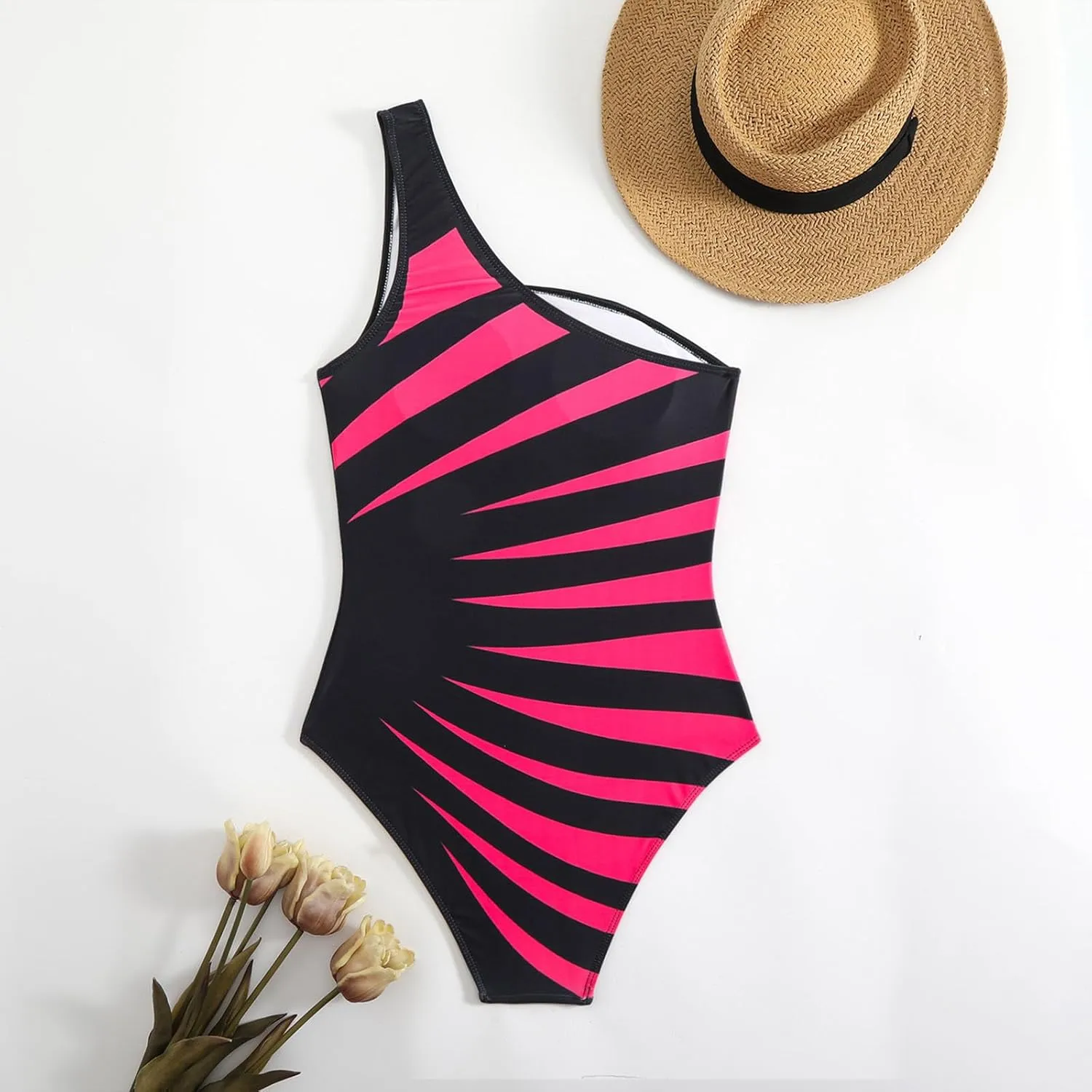 Women's One Piece Swimsuit Fashion Striped One Shoulder Tummy Control Slimming Bathing Suit Summer Beach Swimwear