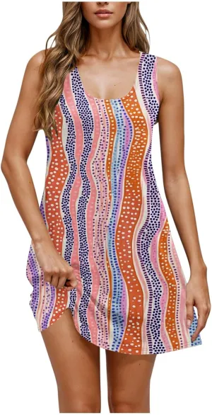 Women's Sleeveless Beach Dresses Loose Swimsuit Cover Ups Vacation Dresses Floral Flowy Mini Dress Trendy Dresses