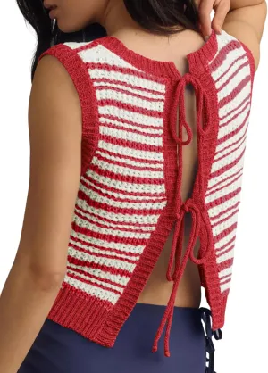 Yousify Womens Crochet Chunky Knit Tops Striped Sweater Vest Sleeveless Sweater Cardigan Bow Tie Open Front Tank Tops