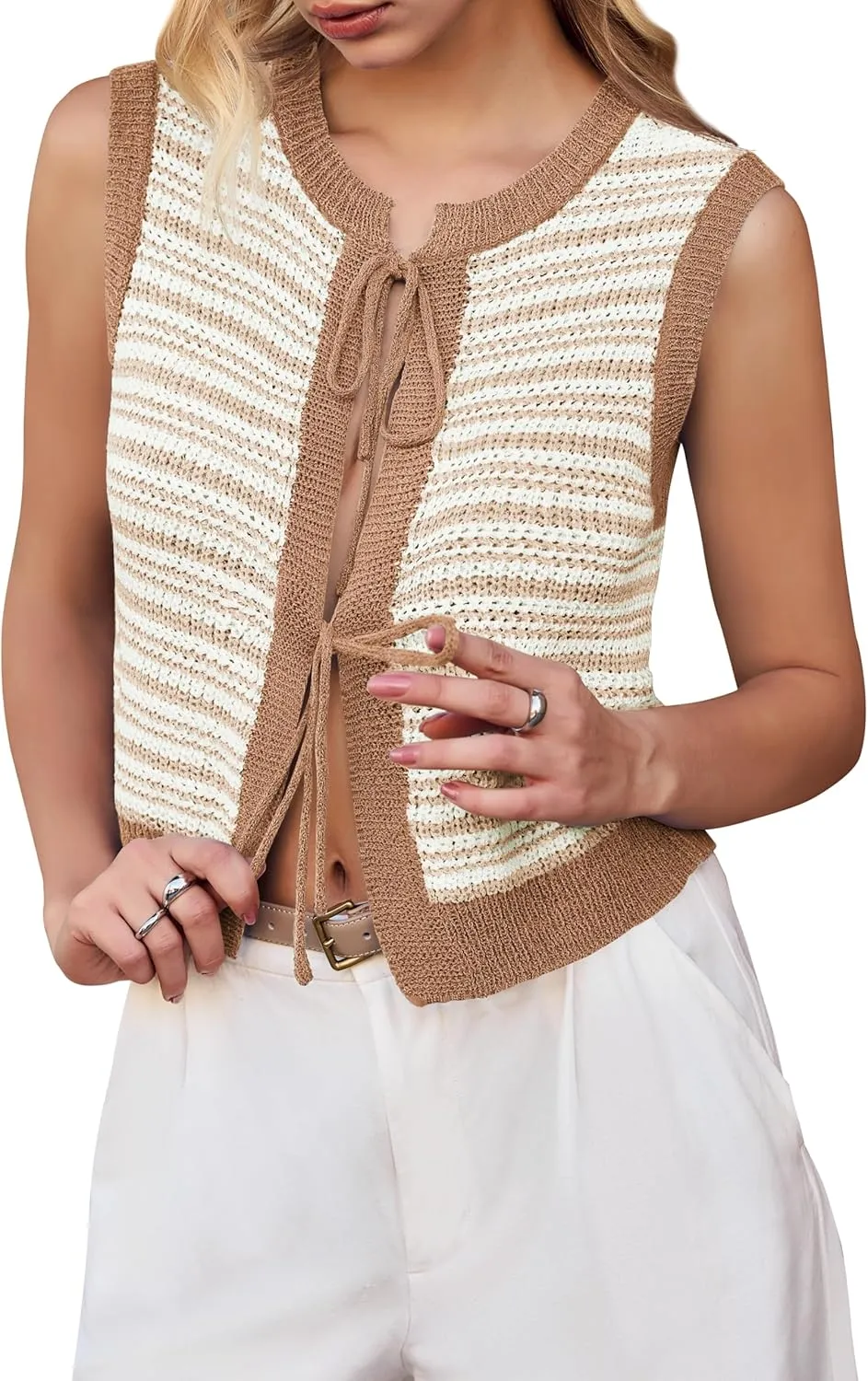 Yousify Womens Crochet Chunky Knit Tops Striped Sweater Vest Sleeveless Sweater Cardigan Bow Tie Open Front Tank Tops