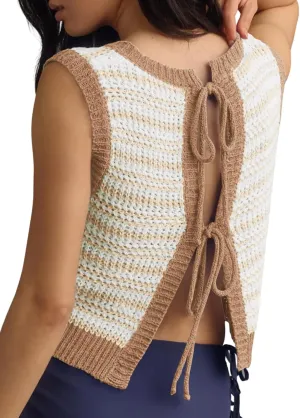 Yousify Womens Crochet Chunky Knit Tops Striped Sweater Vest Sleeveless Sweater Cardigan Bow Tie Open Front Tank Tops