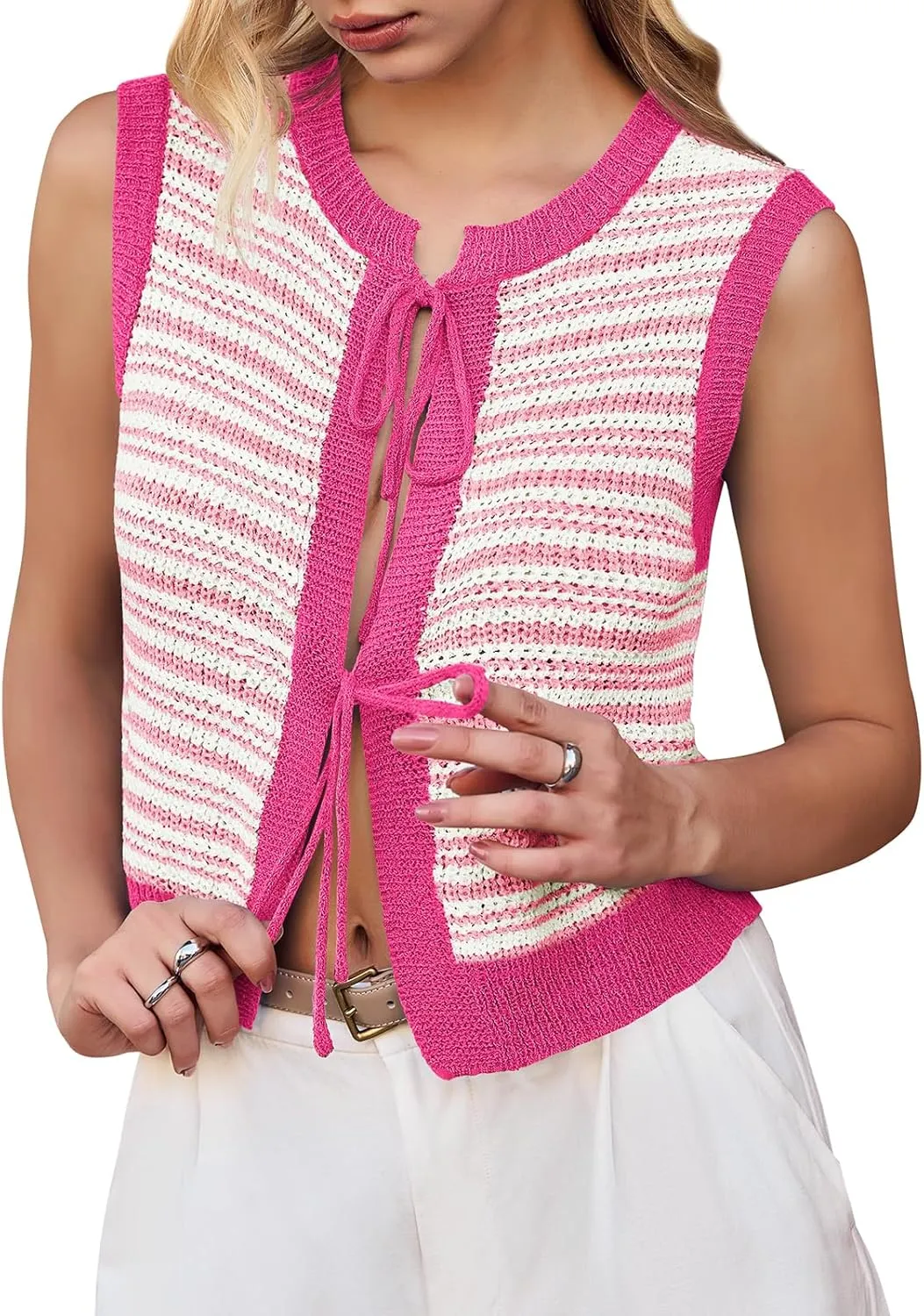 Yousify Womens Crochet Chunky Knit Tops Striped Sweater Vest Sleeveless Sweater Cardigan Bow Tie Open Front Tank Tops