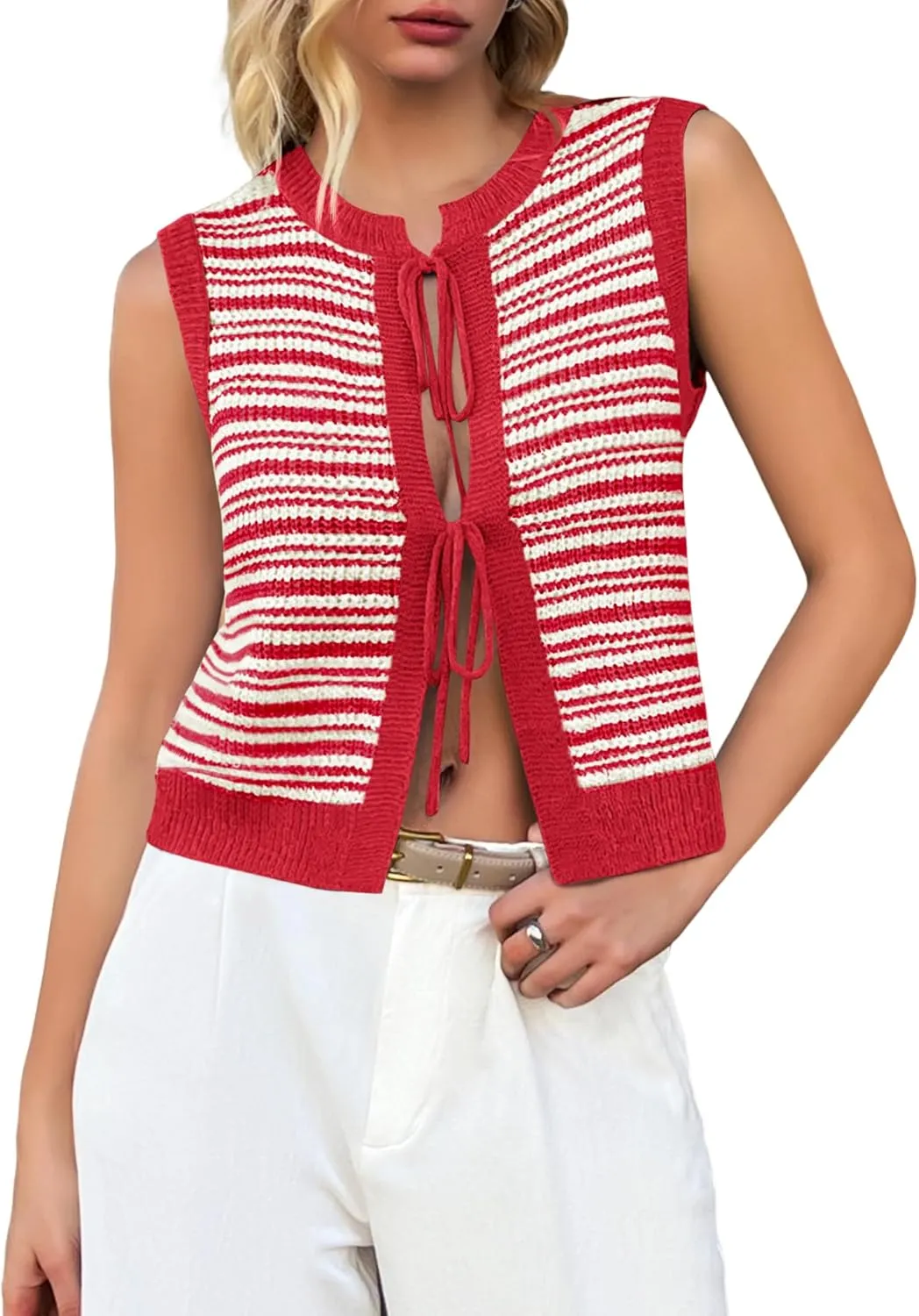 Yousify Womens Crochet Chunky Knit Tops Striped Sweater Vest Sleeveless Sweater Cardigan Bow Tie Open Front Tank Tops