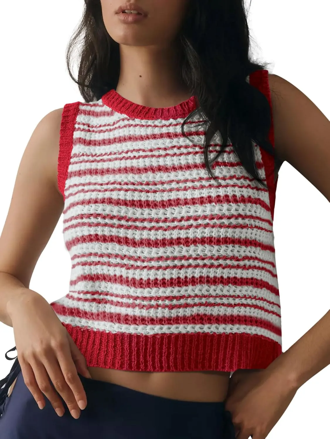 Yousify Womens Crochet Chunky Knit Tops Striped Sweater Vest Sleeveless Sweater Cardigan Bow Tie Open Front Tank Tops