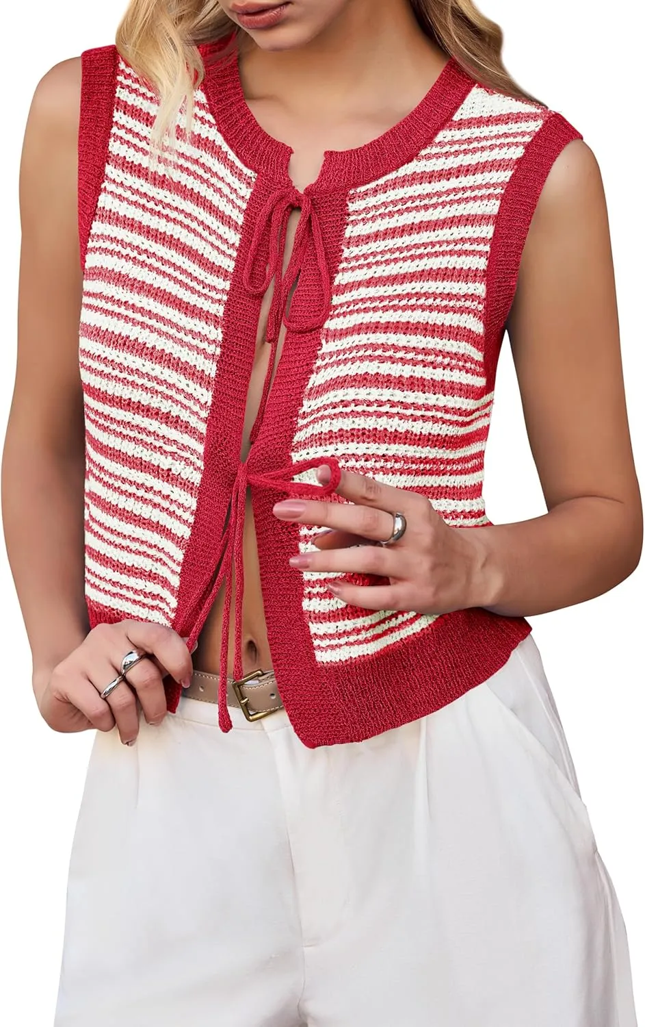 Yousify Womens Crochet Chunky Knit Tops Striped Sweater Vest Sleeveless Sweater Cardigan Bow Tie Open Front Tank Tops