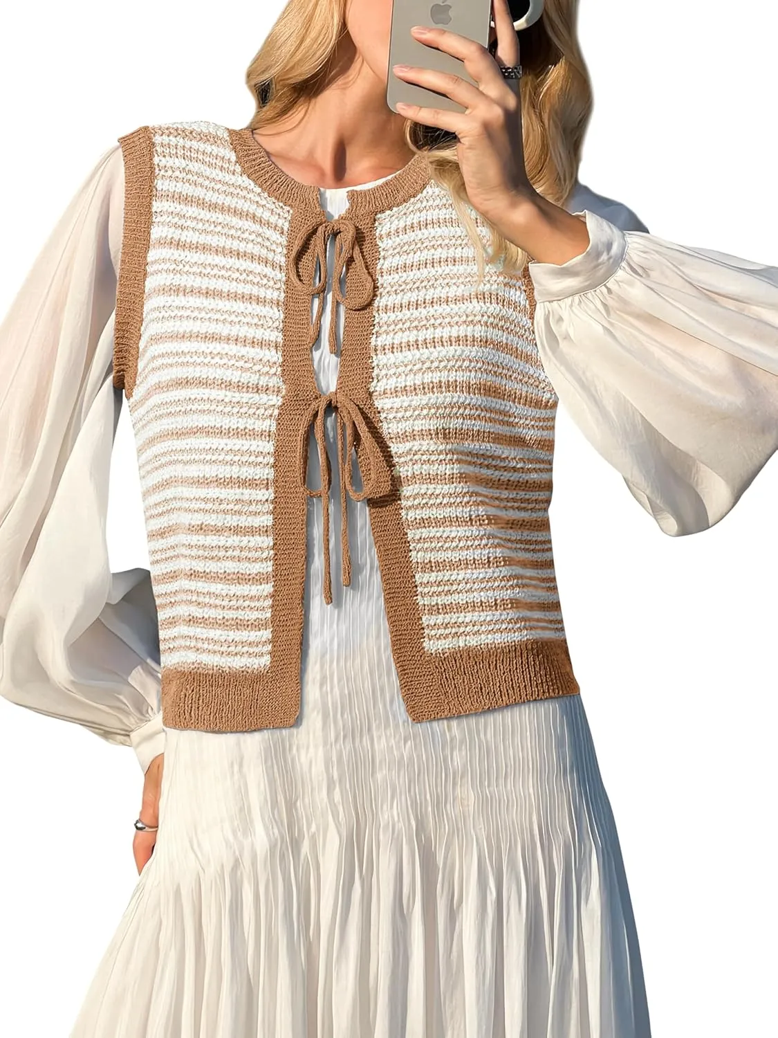 Yousify Womens Crochet Chunky Knit Tops Striped Sweater Vest Sleeveless Sweater Cardigan Bow Tie Open Front Tank Tops