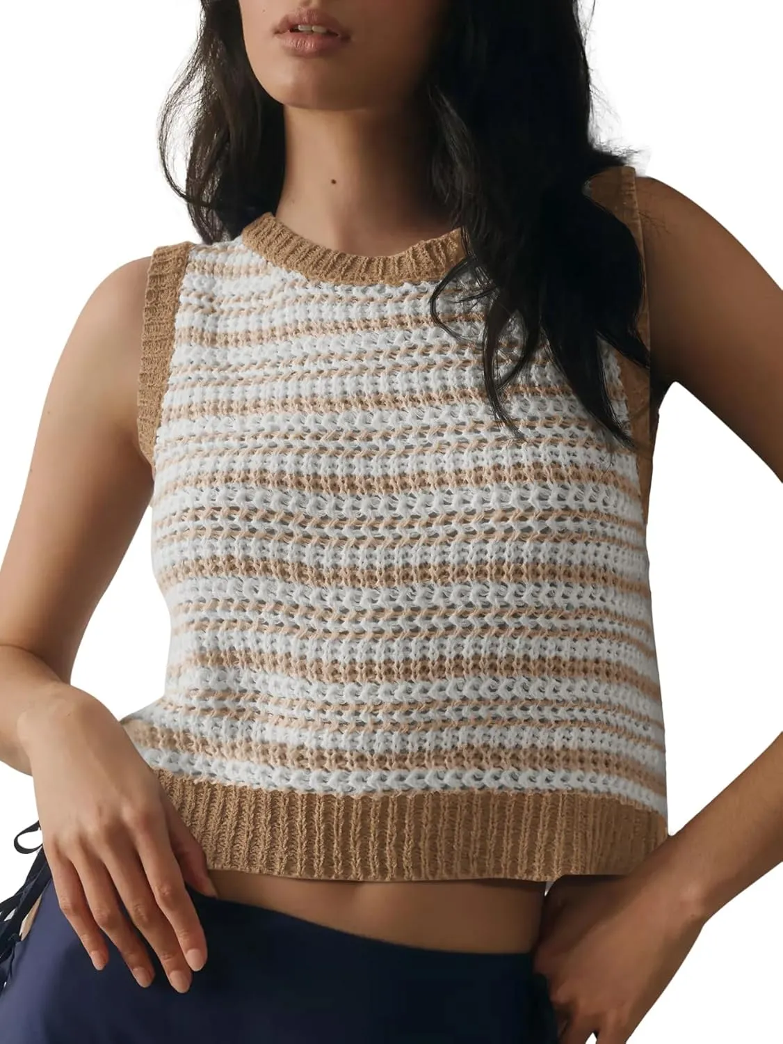 Yousify Womens Crochet Chunky Knit Tops Striped Sweater Vest Sleeveless Sweater Cardigan Bow Tie Open Front Tank Tops